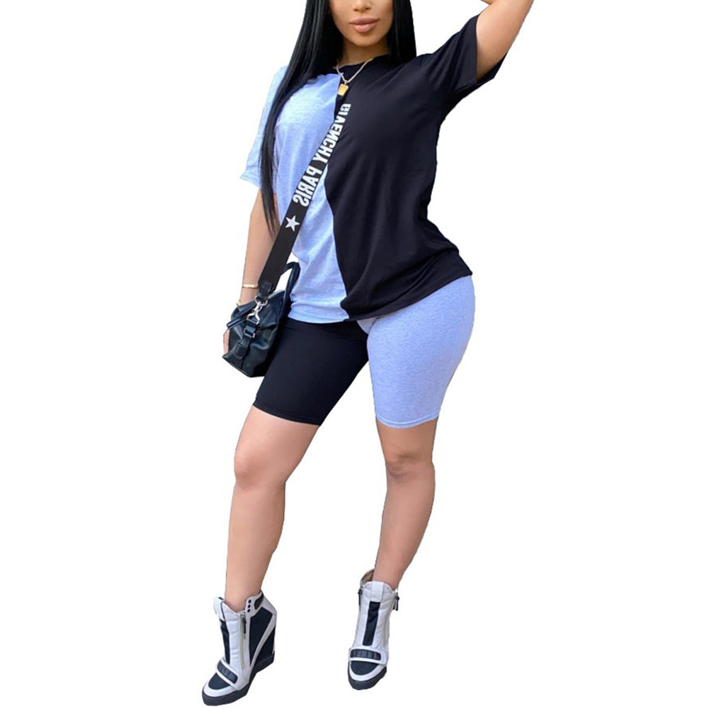 Women 2 Piece Outfits Casual Color Stitching Short Sleeve T-Shirt Tops Shorts Set