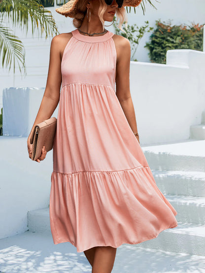 Women Fashion Casual Summer Vacation Solid Color Halter Neck Loose Midi Dress