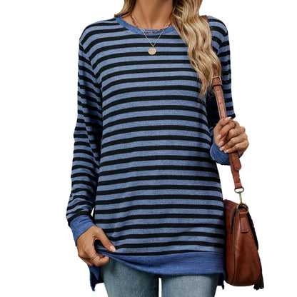 Camiseta informal de manga larga con cuello redondo y rayas para mujer