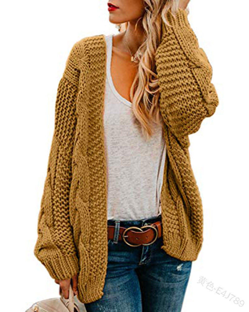 Suéter cárdigan de punto suelto de color sólido de longitud media informal para mujer de moda de invierno y otoño