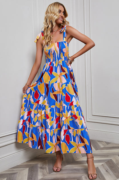 Vacation Women Casual Fashion Backless Printed Strap Maxi Dress