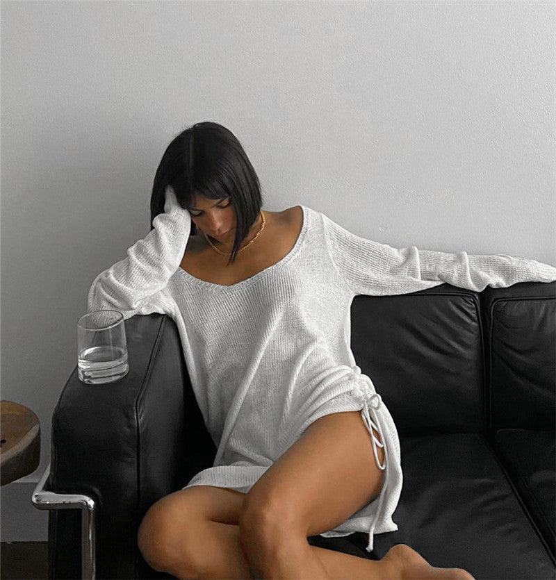 Women Autumn Casual Basic U-neck Drawstring Solid Color Backless Knitted Mini Dress