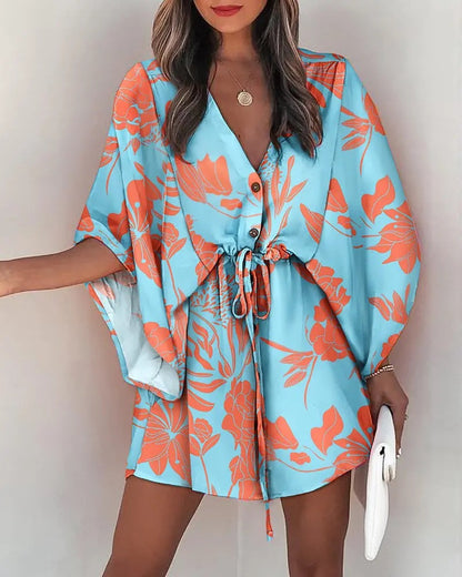 Women Elegant Bohemian Summer Short Sleeves V Neck Casual Bandage Holiday Dress