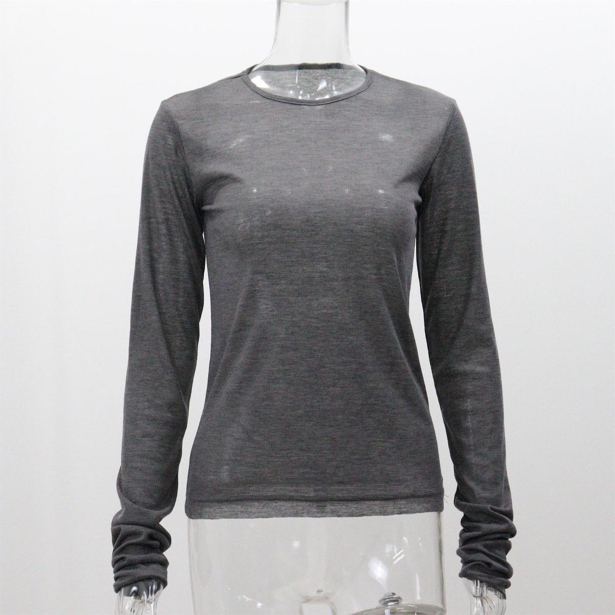 Camiseta informal de manga larga ajustada con cuello redondo y color liso para mujer