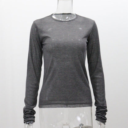 Camiseta informal de manga larga ajustada con cuello redondo y color liso para mujer
