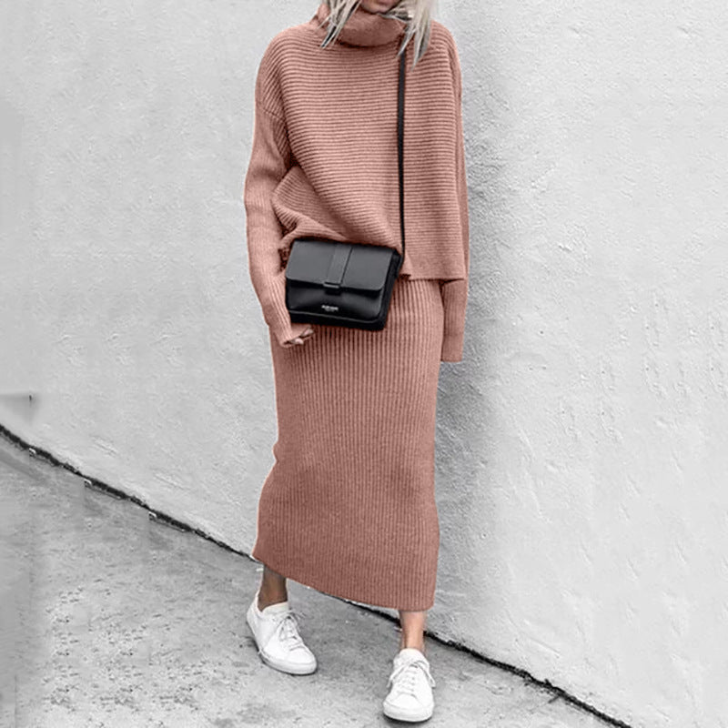 Conjunto de dos piezas informal holgado de cuello alto y manga larga para mujer, de punto liso, para invierno y otoño