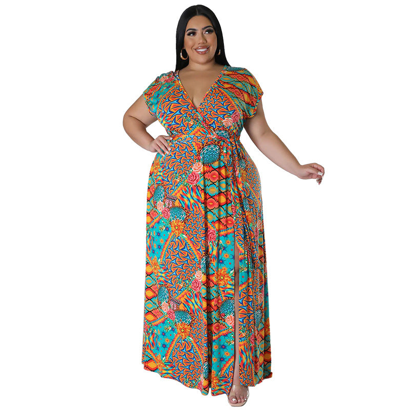 Women Casual Loose Boho Floral Printed V- Neck Short Sleeve Defined Waist Front Split Dress