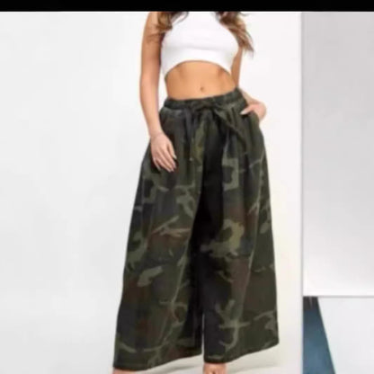 Women Casual Fashion Camouflage Leopard Printed Wide Leg Pants