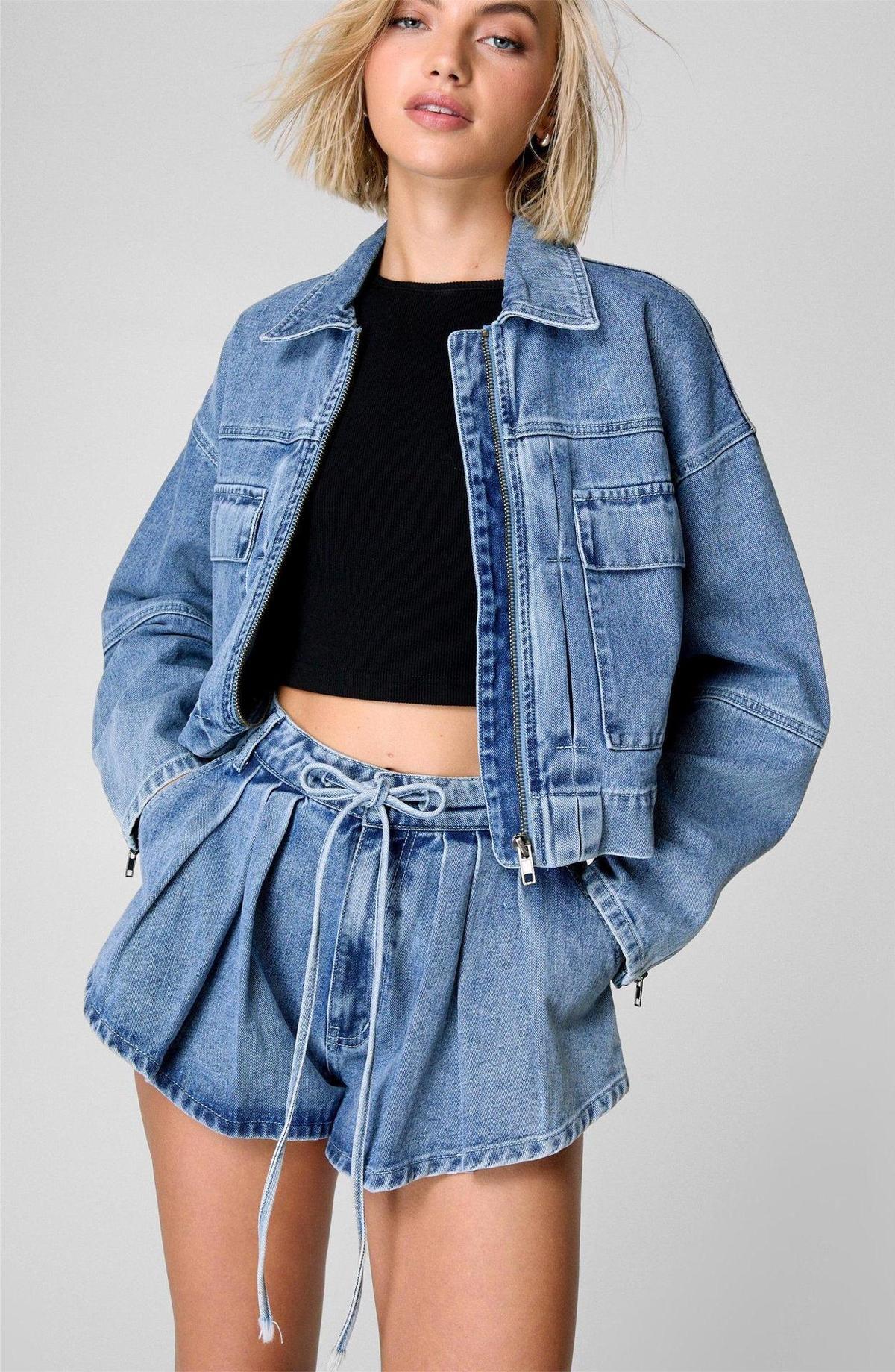 Conjunto de dos piezas informal de mezclilla con solapa, manga larga, cremallera y cintura alta para mujer