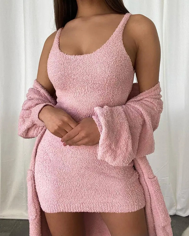 Women Solid Color Plush Slip Dress And Long Sleeve Coat Casual Knitted Two Piece Set