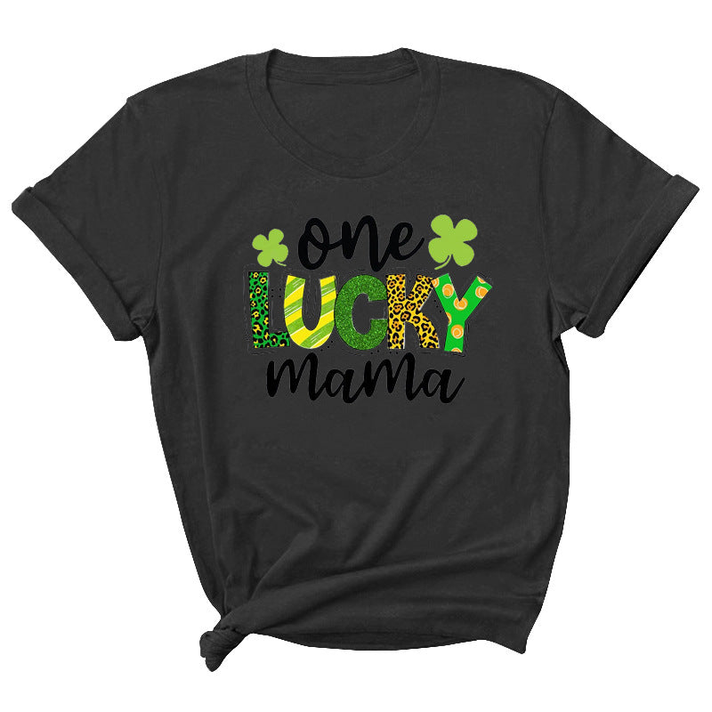 Camiseta informal de manga corta con cuello redondo y estampado de letras "One Lucky Mama" para mujer