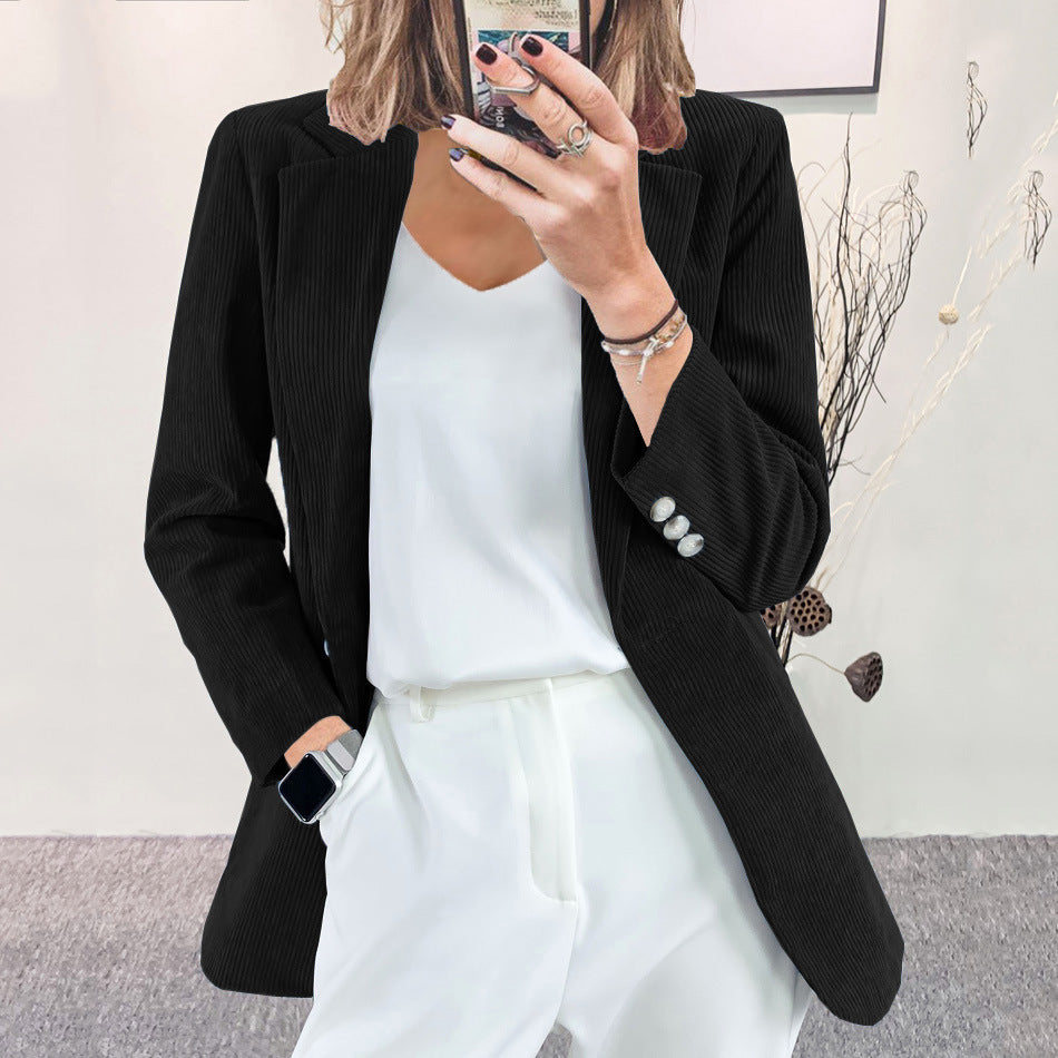 Women Fashion Casual Solid Color Corduroy Lapel Long-Sleeve Slim-Fit Jacket