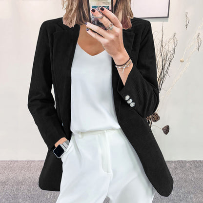 Women Fashion Casual Solid Color Corduroy Lapel Long-Sleeve Slim-Fit Jacket