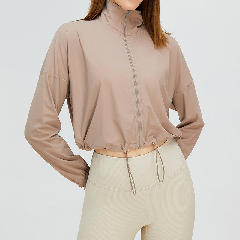 Women Casual Solid Color Yoga Drawstring Sports Running Top