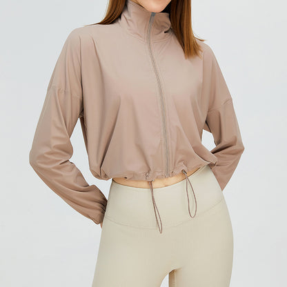 Women Casual Solid Color Yoga Drawstring Sports Running Top