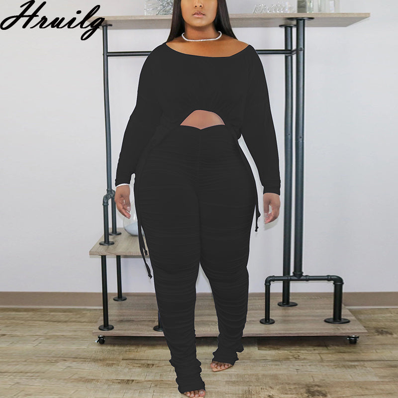 Conjunto de dos piezas de ropa informal para mujer, con top corto de manga larga y pantalones largos fruncidos, color liso