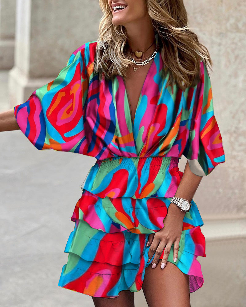 Vestido informal de vacaciones para mujer, con estampado de bloques de color, escote en V, mangas cortas, cintura definida y volantes