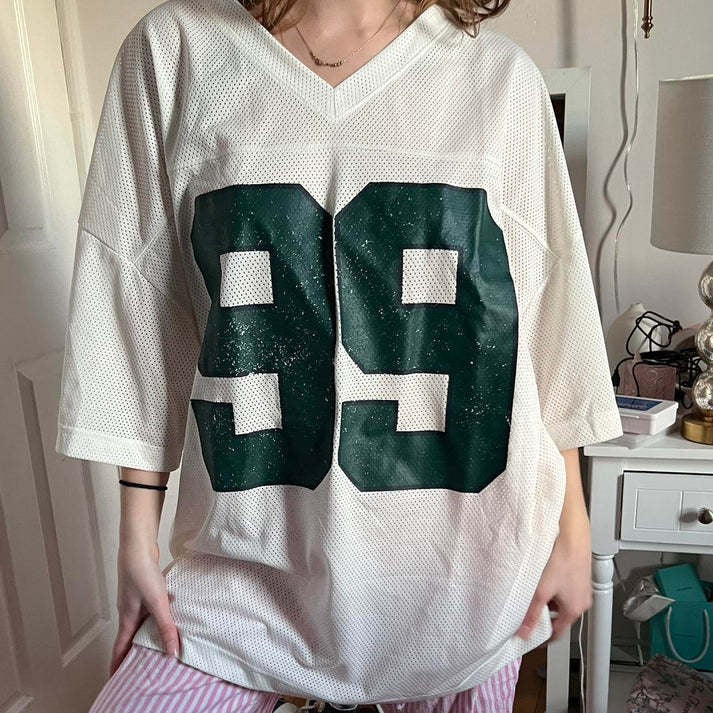 Camiseta de jersey de manga corta holgada con estampado digital de cuadrícula para mujer