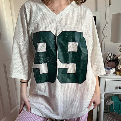 Camiseta de jersey de manga corta holgada con estampado digital de cuadrícula para mujer