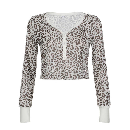 Camiseta sexy de manga larga informal corta con estampado de leopardo en contraste para mujer
