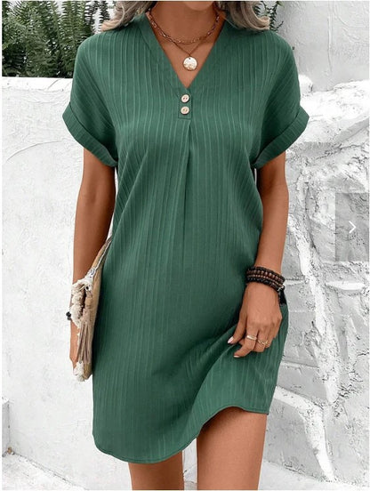 Vestido informal de oficina para mujer, elegante, de color liso, con cuello en V, cómodo, de manga corta y botones