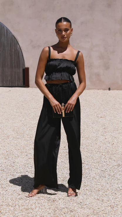 Conjunto de dos piezas de verano para mujer, color liso, informal, con cuello de una palabra, tirantes y pantalones de pierna ancha