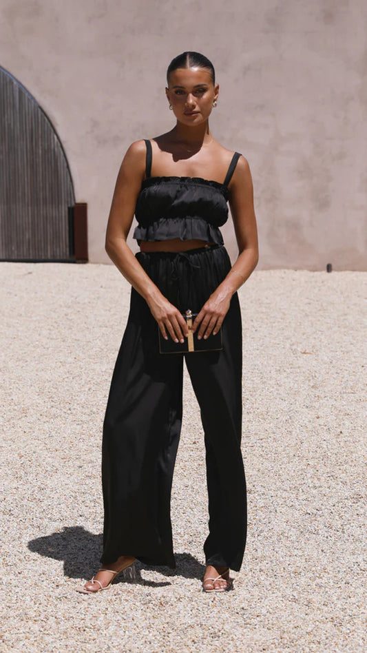 Conjunto de dos piezas de verano para mujer, color liso, informal, con cuello de una palabra, tirantes y pantalones de pierna ancha