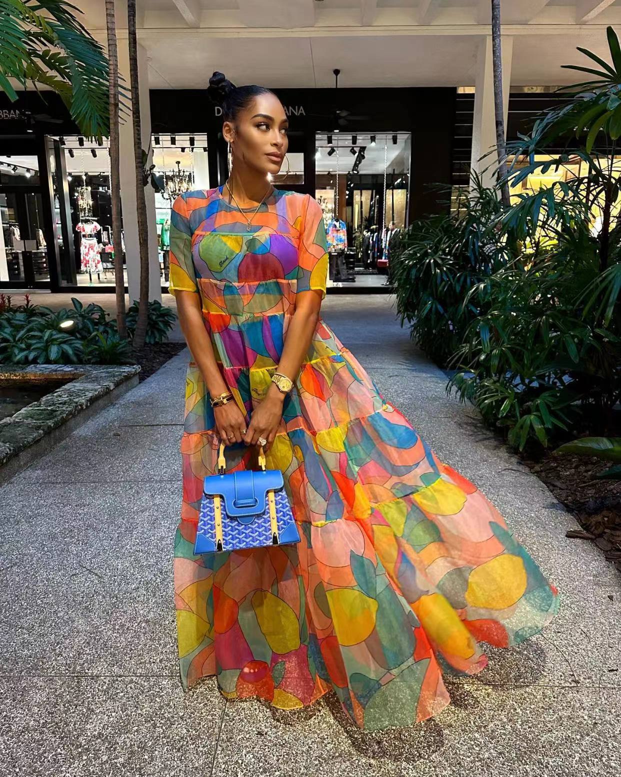 Vestido largo informal holgado de manga corta con estampado floral y hojas de malla estilo bohemio para mujer para vacaciones de verano