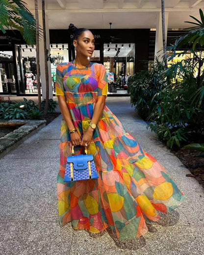 Vestido largo informal holgado de manga corta con estampado floral y hojas de malla estilo bohemio para mujer para vacaciones de verano