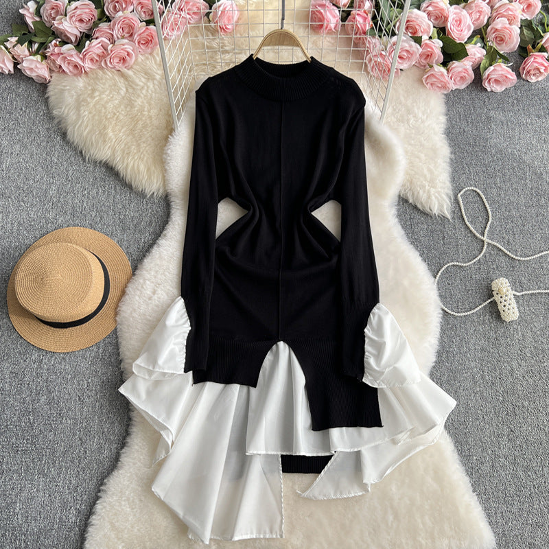 Women Fashion Casual Irregular Stitching Long-Sleeve Knitted Dress