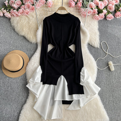 Women Fashion Casual Irregular Stitching Long-Sleeve Knitted Dress