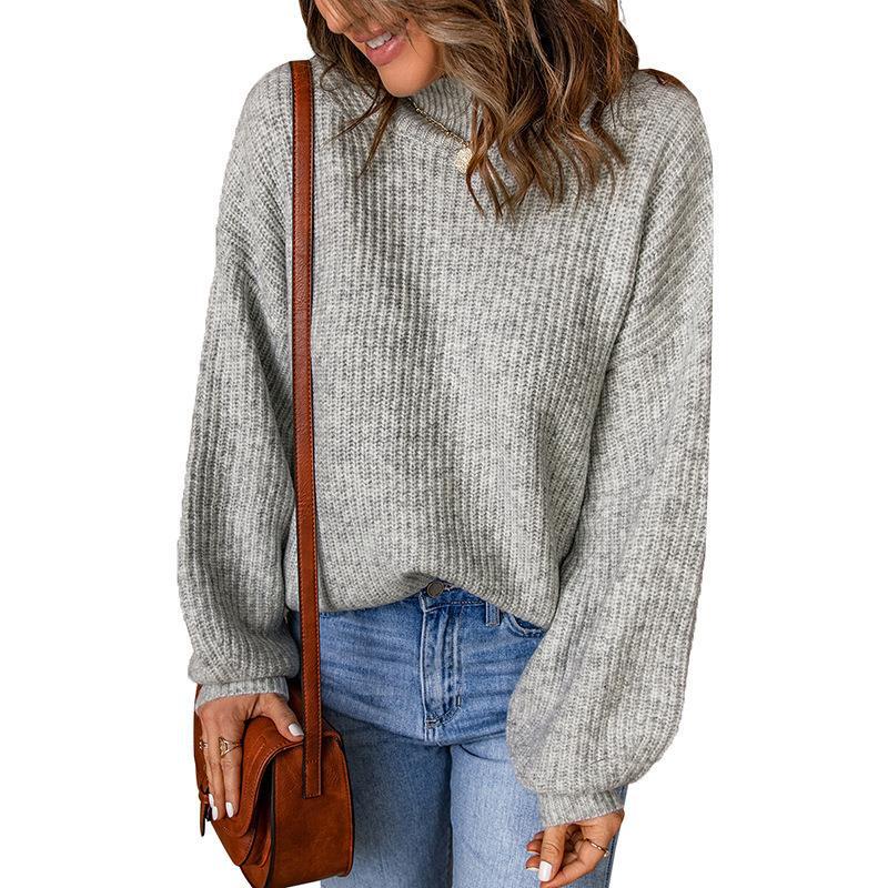 Suéter informal holgado de punto con cuello alto y mangas abullonadas de color liso para mujer de invierno