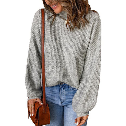 Suéter informal holgado de punto con cuello alto y mangas abullonadas de color liso para mujer de invierno
