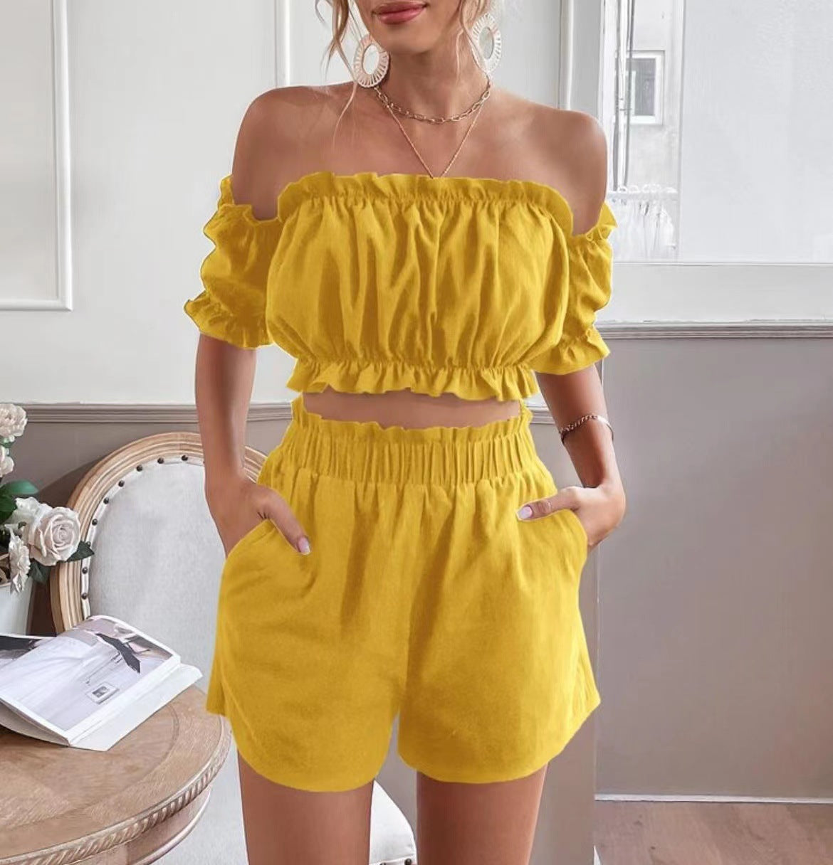 Casual Women Solid Color Off Shoulder Ruffle Short Sleeve Fashion Shorts Sets