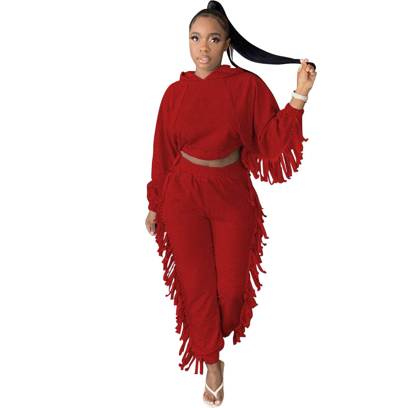 Women Fashion Solid Color Casual Sports Hood Tassel Edge Two-Piece Set