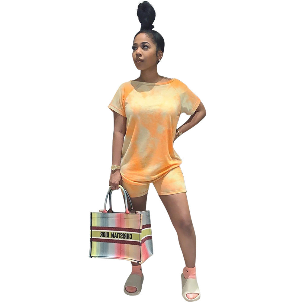 Women Fashion Casual Printed Round Neck Short Sleeve Top Loose Shorts Set