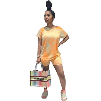 Women Fashion Casual Printed Round Neck Short Sleeve Top Loose Shorts Set