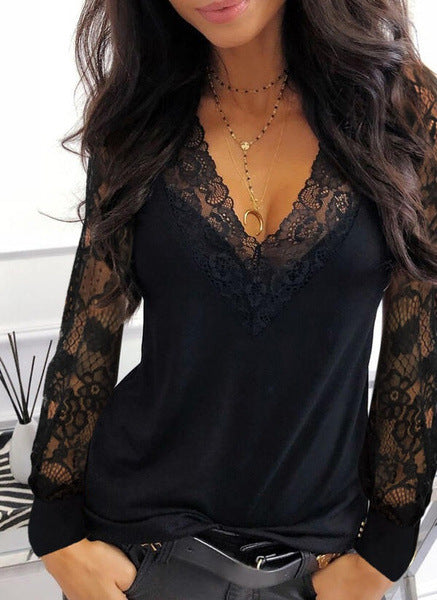 Blusa informal de manga larga con cuello en V y encaje de color liso para mujer