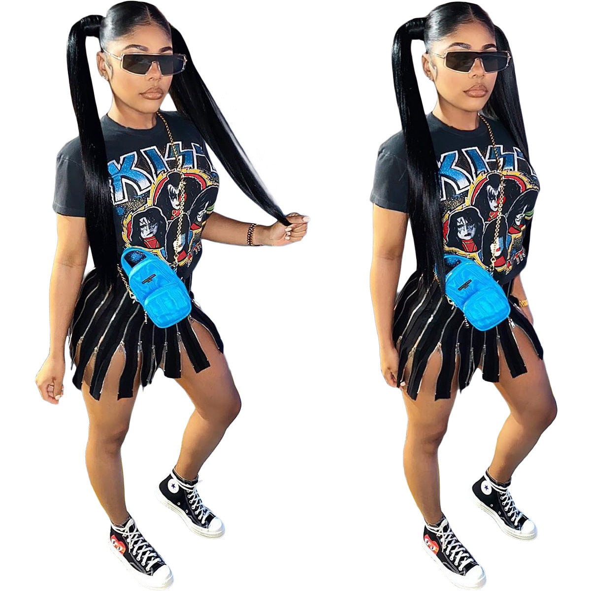 Women Edgy Creativw Casual Graphic Printed Short Sleeves Round Neck Zipper Dress