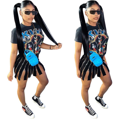 Women Edgy Creativw Casual Graphic Printed Short Sleeves Round Neck Zipper Dress