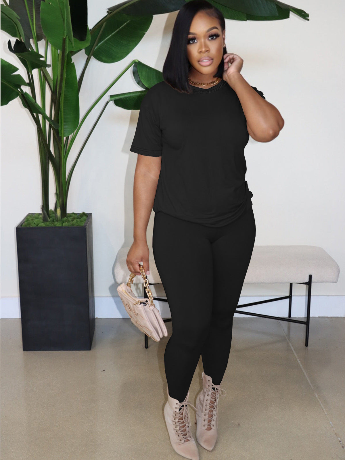 Women Casual Solid Color Plus Size Round Neck Short Sleeve Top Tight Pants Two-Piece Set
