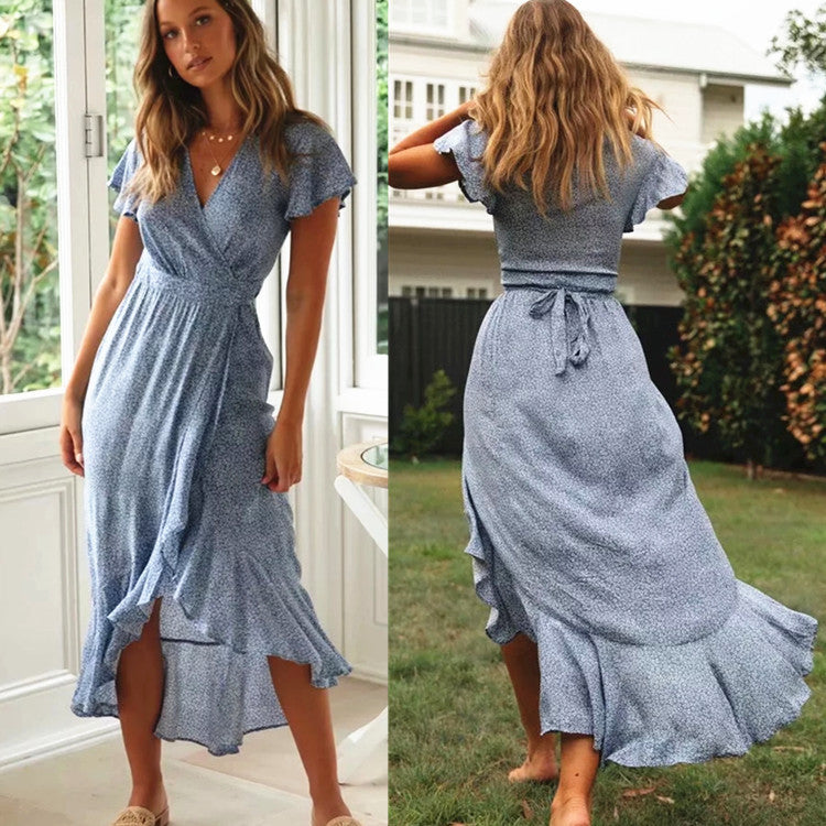 Women Fashion Casual Tiny Flower Printing Ruffled Irregular Wrap Dress