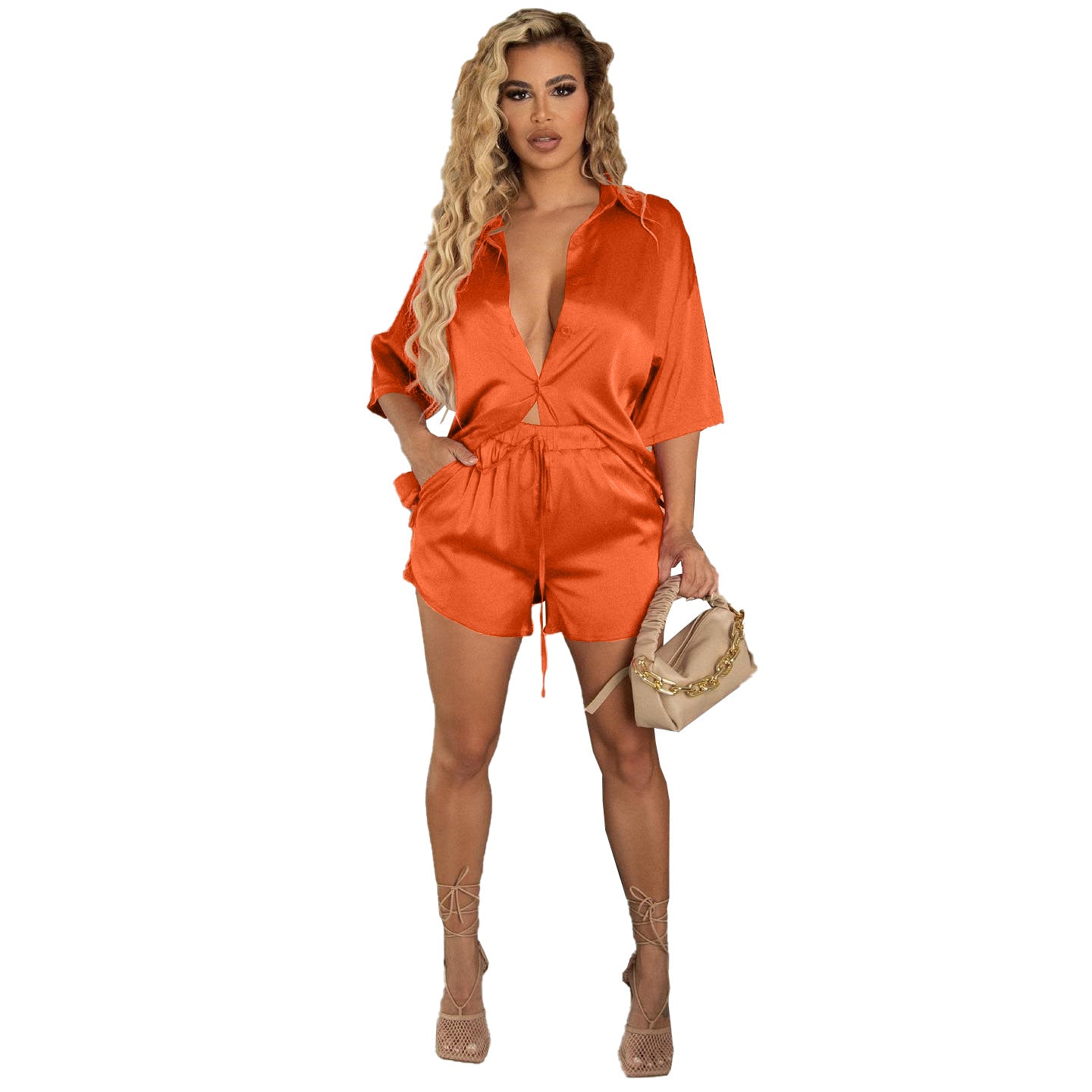 Conjunto de dos piezas para mujer: camisa de manga corta de color liso con botonadura sencilla y pantalones cortos casuales holgados