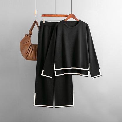 Conjunto de dos piezas de pantalón ancho de punto de manga larga con abertura en contraste para mujer, informal, para otoño e invierno