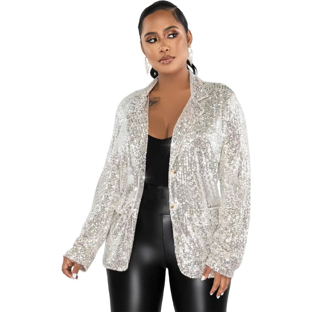 Blazer informal de manga larga con lentejuelas para mujer