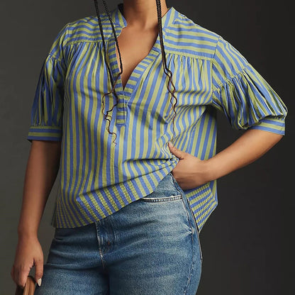Blusa informal de manga larga con cuello en V y costuras a rayas para mujer