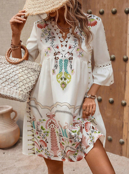 Vestido bohemio informal con estampado floral y escote en V y mangas abullonadas para mujer