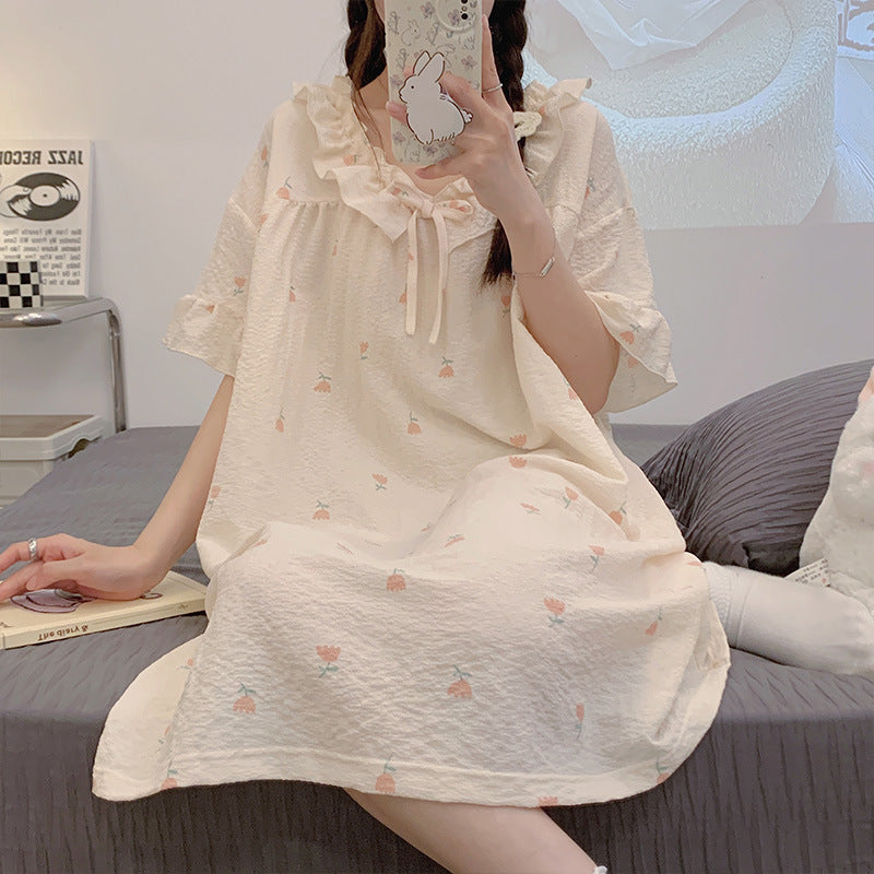 Pijama informal sencillo de algodón con estampado de manga corta para mujer