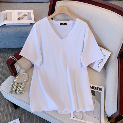 Camiseta informal de verano para mujer, color liso, cuello en V y manga corta