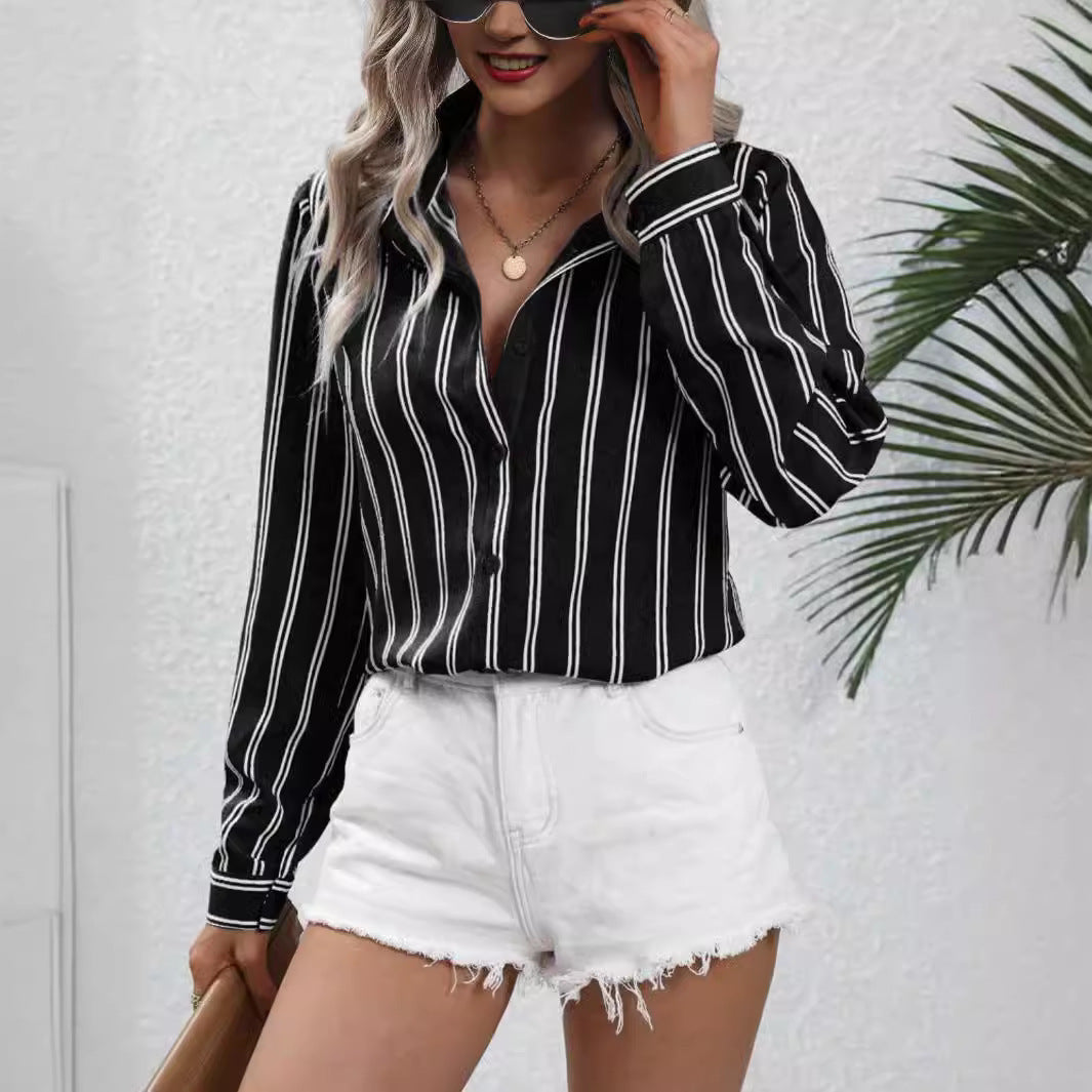 Blusa informal holgada de manga larga con solapa y rayas para mujer